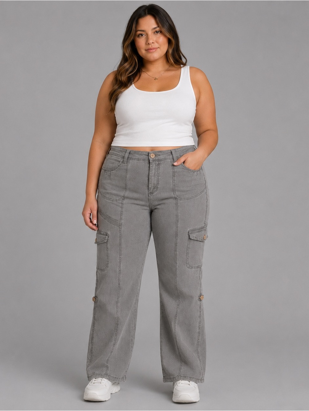Me Jane Women’s Gray Cargo Pants Size 14 Low Rise Stretch Utility Y2K Wide Leg